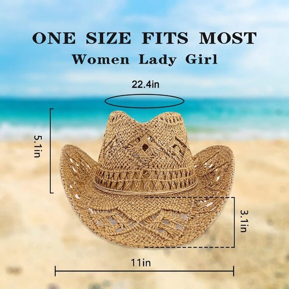 Women's Brown Straw Sparkly Western Cowgirl Hat Foldable Vacation Beach Sun Hat - Picture 2 of 6